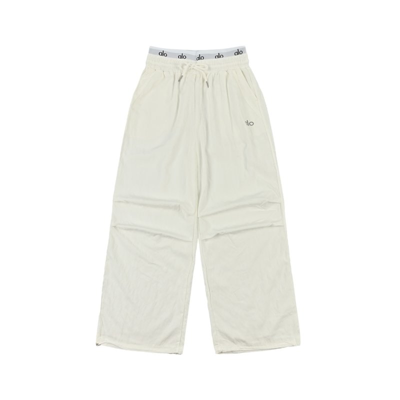 White Wide-Leg Drawstring Pants with Logo Waistband view