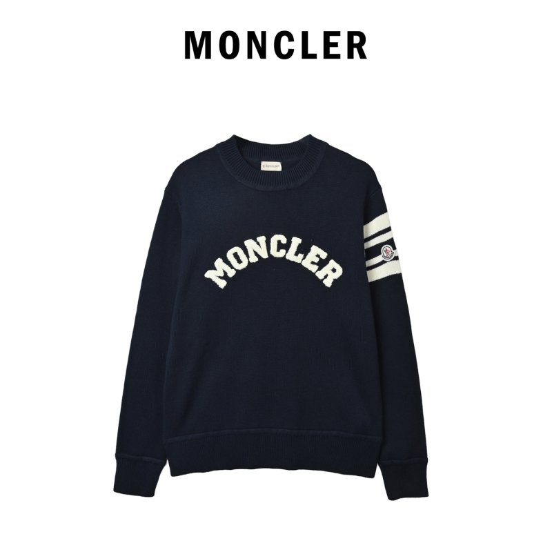 Moncler Black Logo Crew Neck Sweater with Stripe Detail view