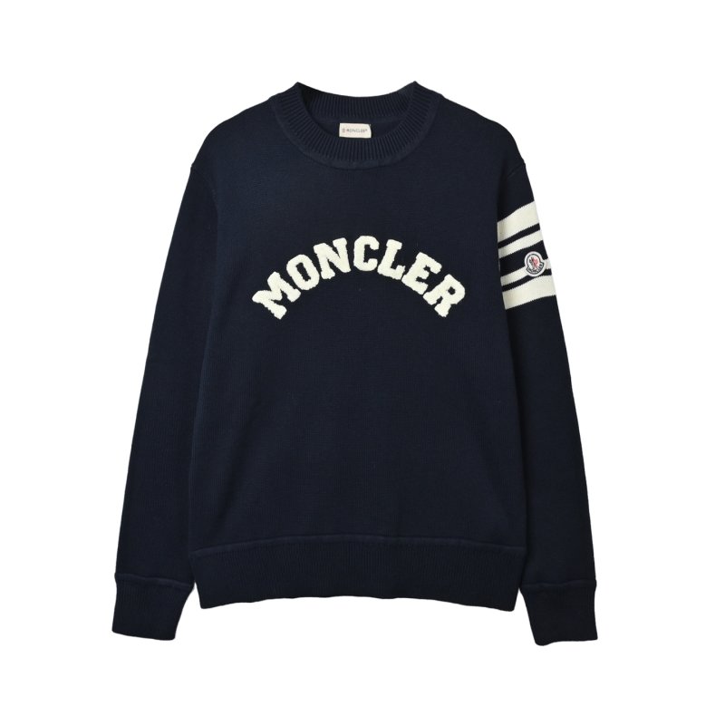 Moncler Black Logo Crew Neck Sweater with Stripe Detail view