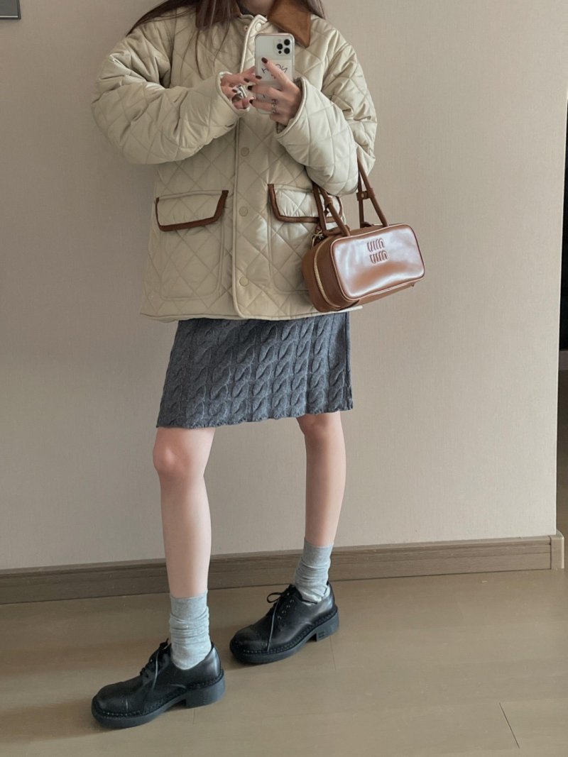 Cream Quilted Puffer Jacket with Contrast Trim