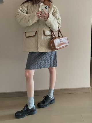 Cream Quilted Puffer Jacket with Contrast Trim