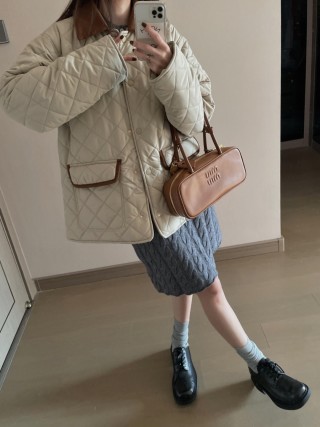Cream Quilted Puffer Jacket with Contrast Trim view 2