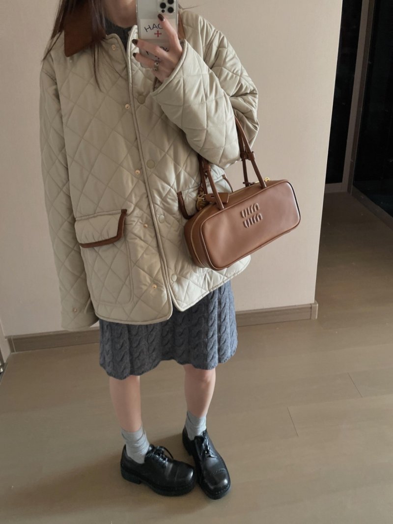 Cream Quilted Puffer Jacket with Contrast Trim view