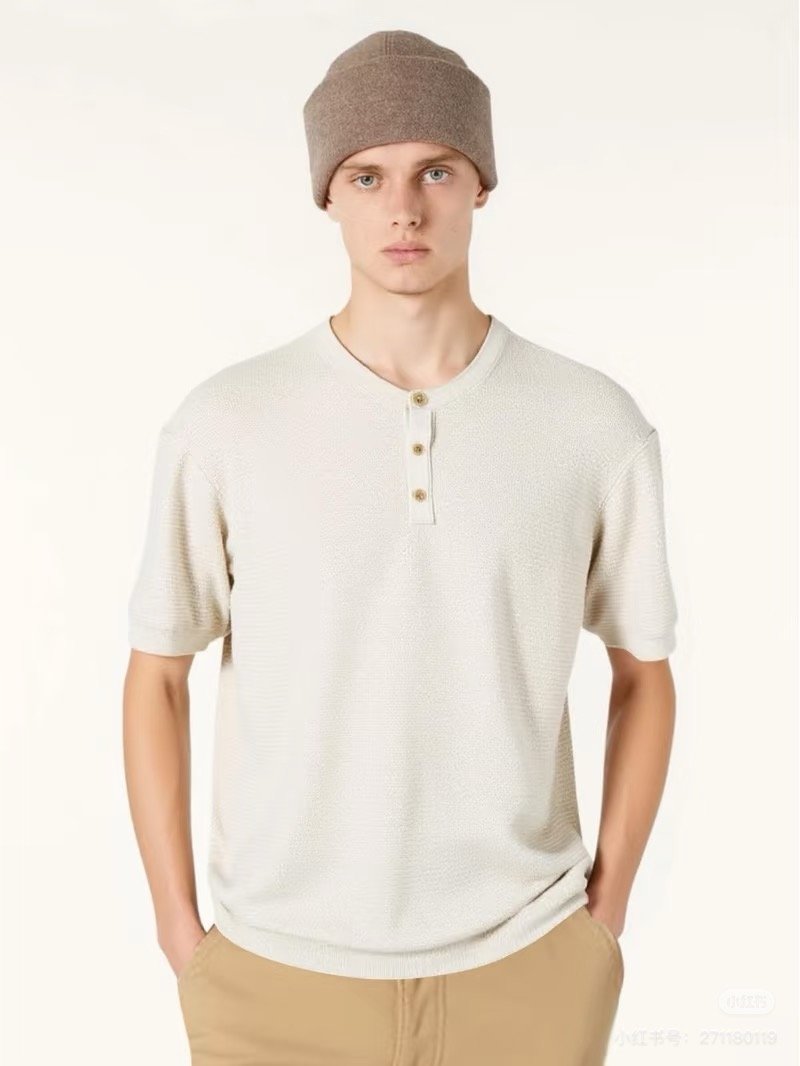 Cream Henley Short Sleeve T-Shirt