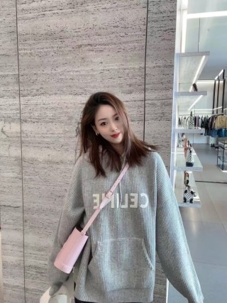 Celine Logo Waffle Knit Hoodie Grey view 2