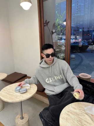 Celine Logo Waffle Knit Hoodie Grey view 4