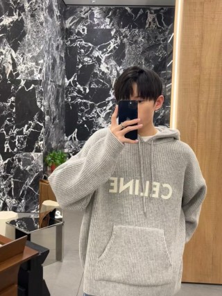 Celine Logo Waffle Knit Hoodie Grey view 5