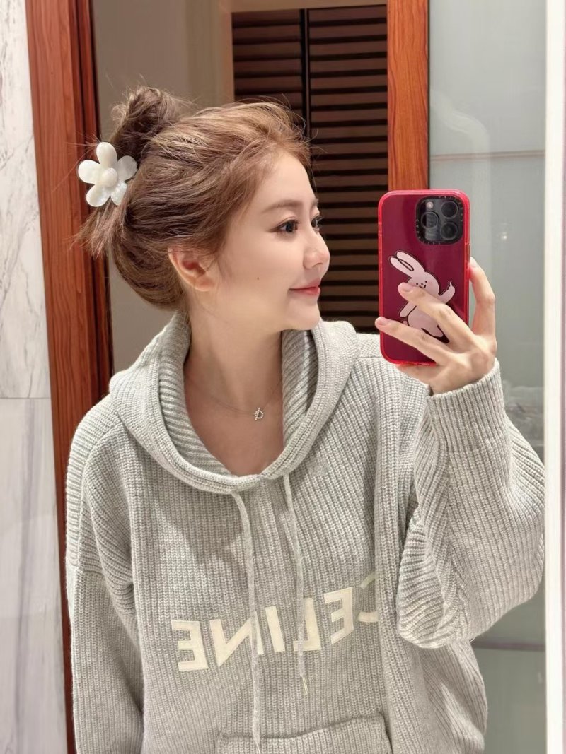 Celine Logo Waffle Knit Hoodie Grey view