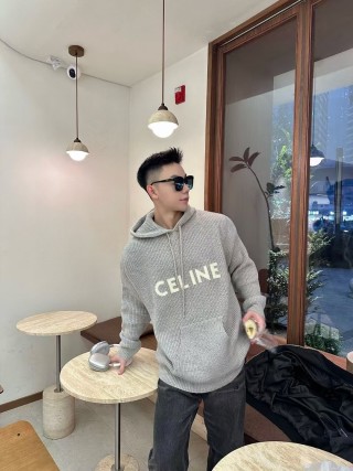 Celine Logo Waffle Knit Hoodie Grey view 9