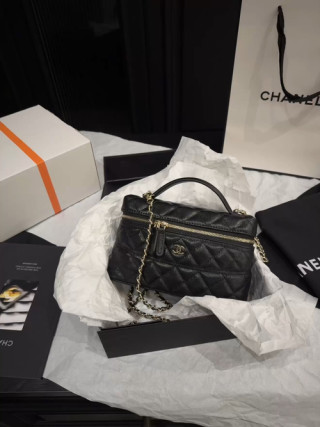 Chanel Black Quilted Vanity Case Bag with Gold Chain Strap