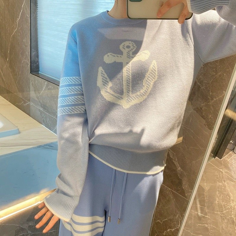 Oversized Knit Crewneck Sweater - Cream/Blue view