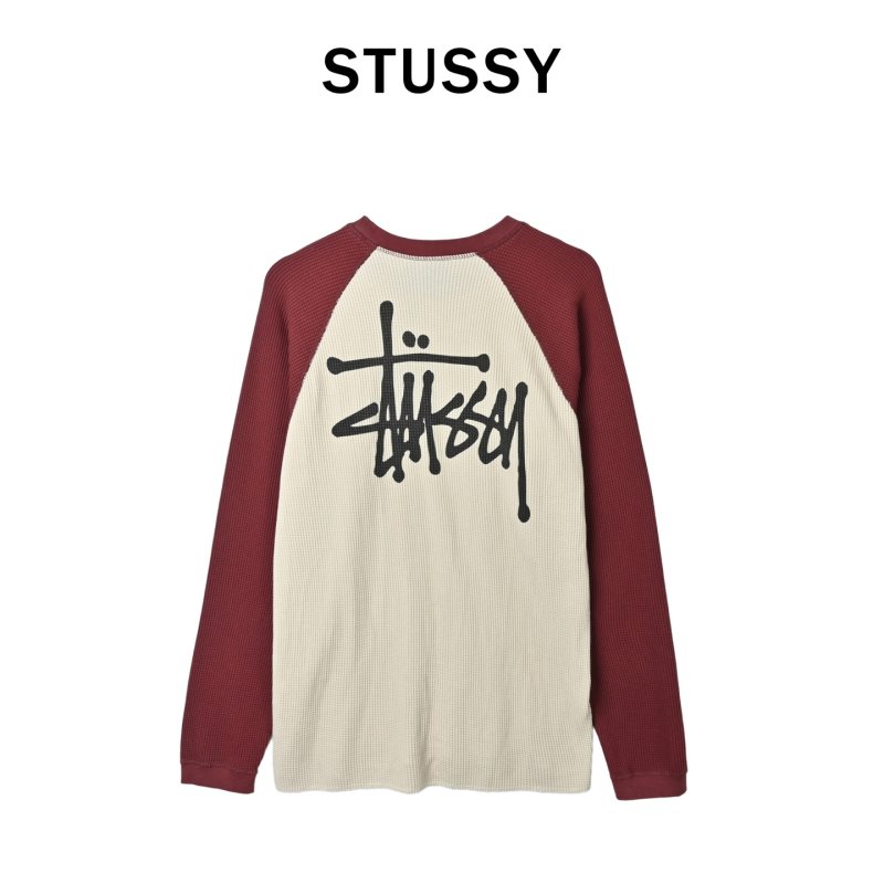 Stussy Waffle Knit Raglan Long Sleeve T-Shirt Cream Burgundy view
