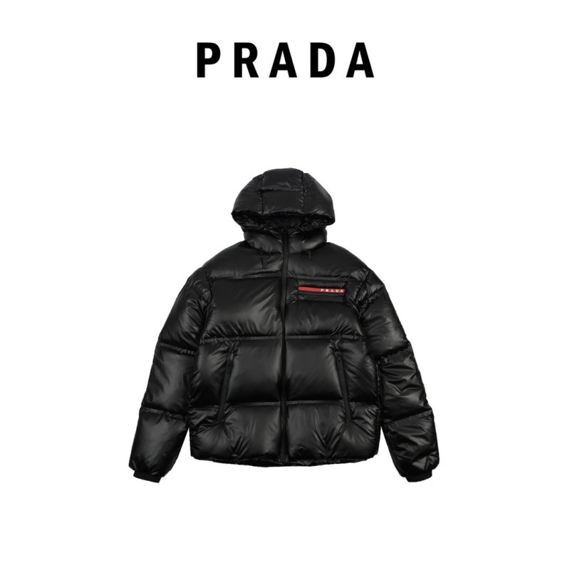 Prada Black Nylon Down Jacket with Red Logo Stripe view