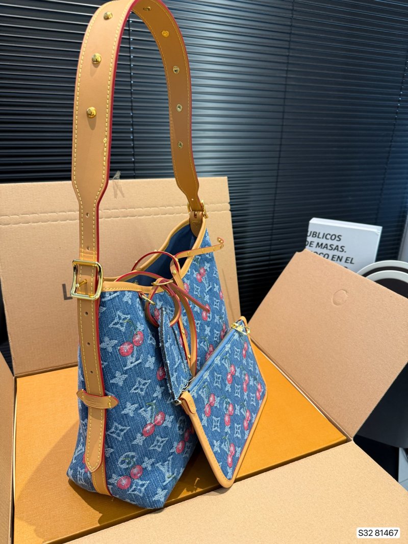Louis Vuitton Denim Carryall Tote Bag with Pouch - Blue Multi view