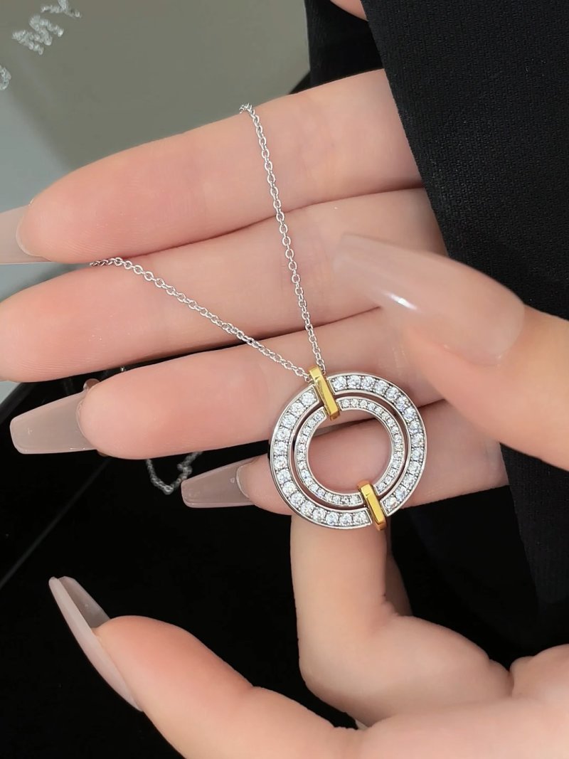 Silver & Gold Double Ring CZ Pendant Necklace