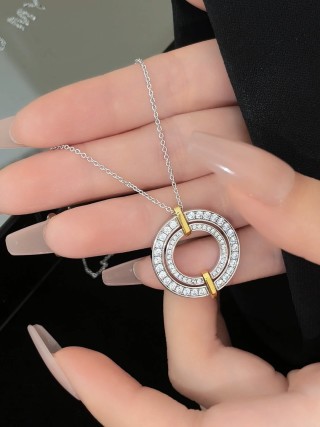 Silver & Gold Double Ring CZ Pendant Necklace