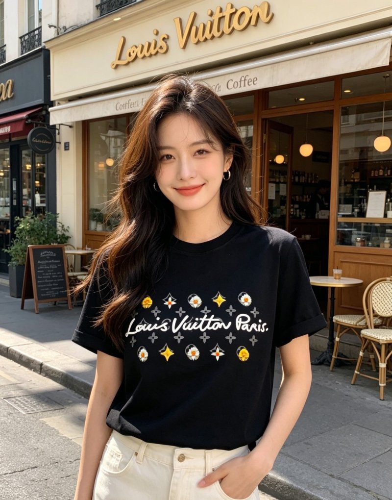 Louis Vuitton Paris Black T-Shirt with Floral Embroidery