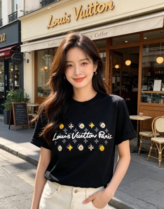 Louis Vuitton Paris Black T-Shirt with Floral Embroidery