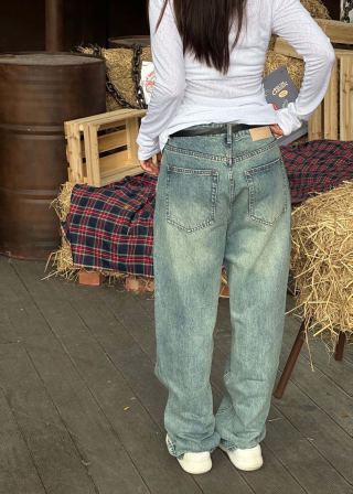 Vintage Wash Wide-Leg Denim Jeans – Light Blue view 5