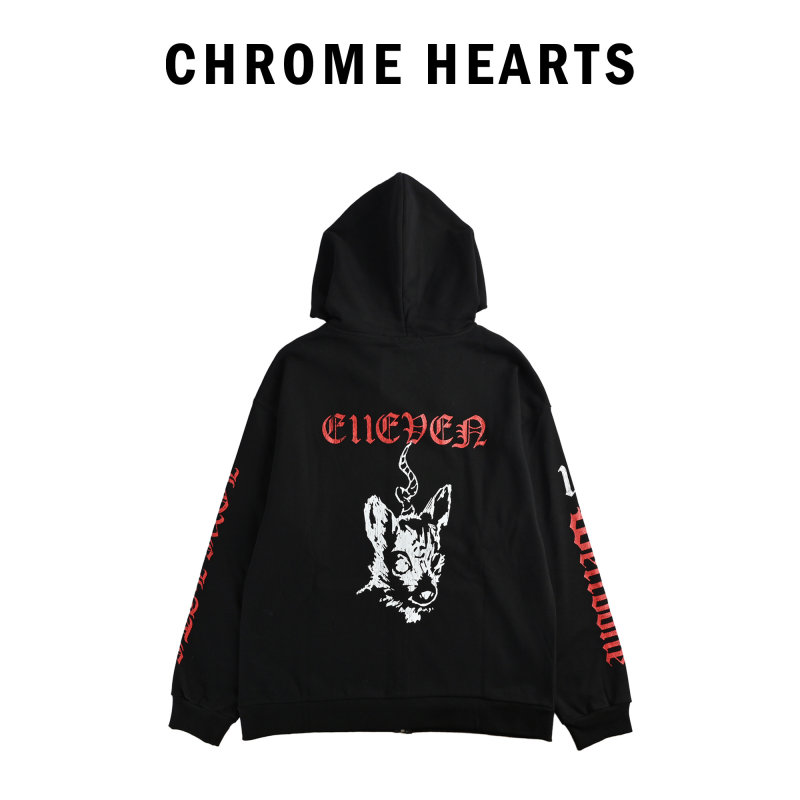 Black Zip-Up Hoodie Jacket with Red Embroidered Graphics view
