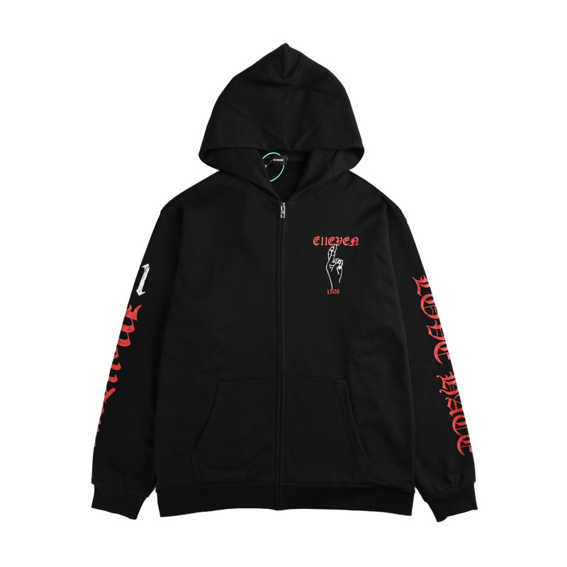Black Zip-Up Hoodie Jacket with Red Embroidered Graphics view