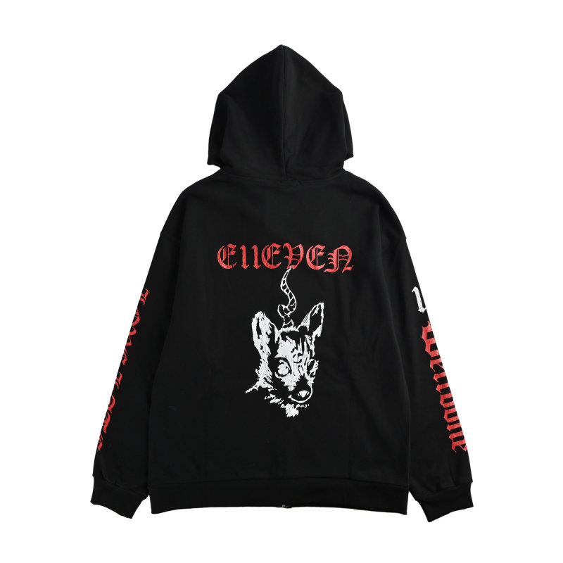 Black Zip-Up Hoodie Jacket with Red Embroidered Graphics view