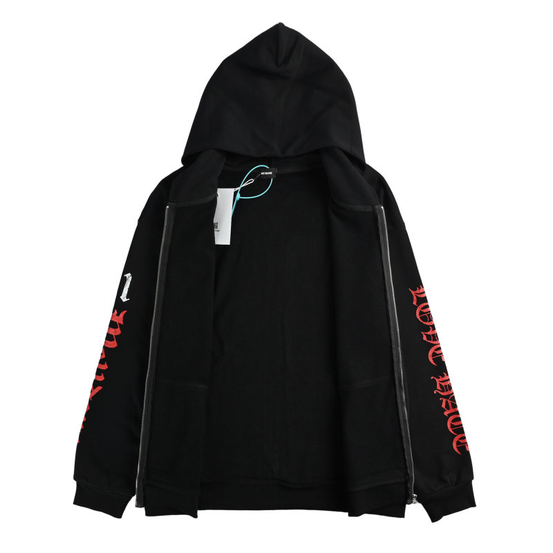 Black Zip-Up Hoodie Jacket with Red Embroidered Graphics view