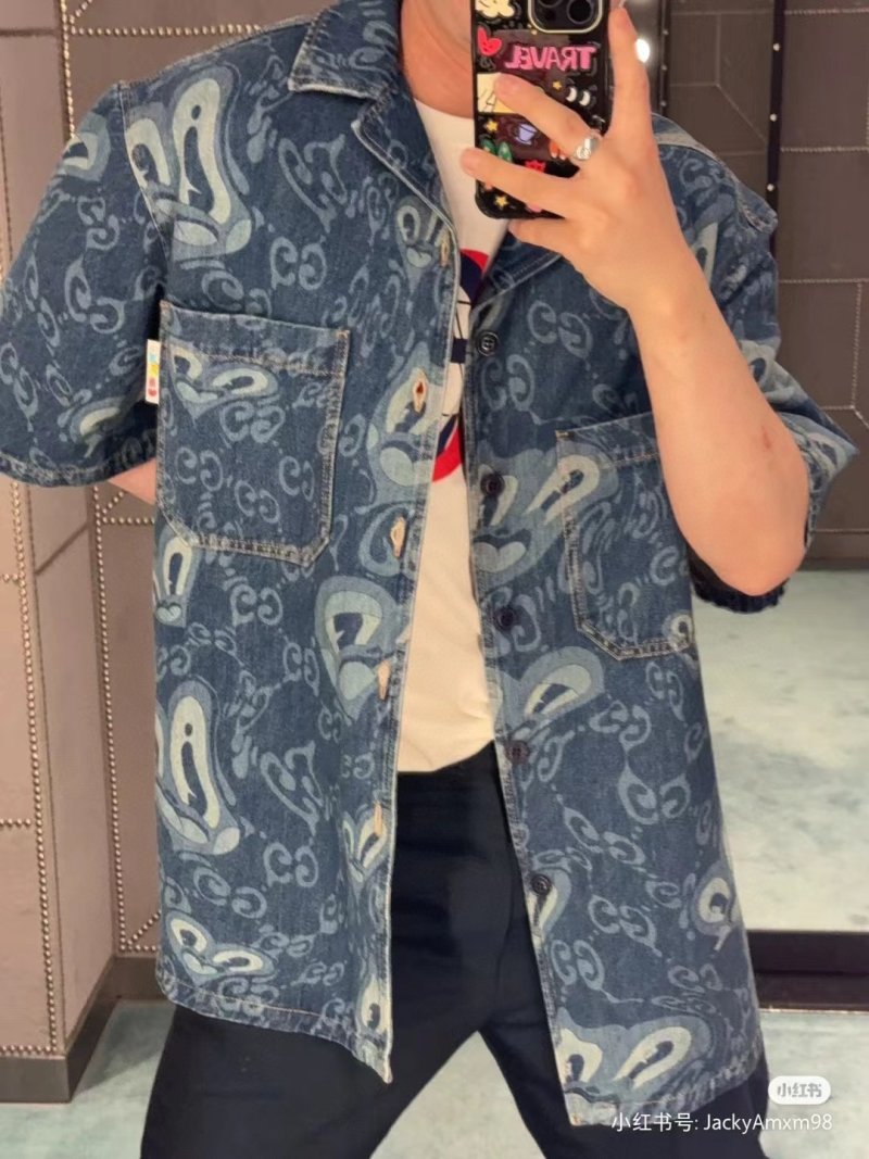 Gucci GG Monogram Denim Short-Sleeve Shirt Blue