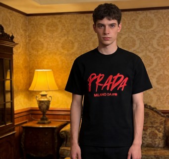 Prada Milano Black T-Shirt Red Logo