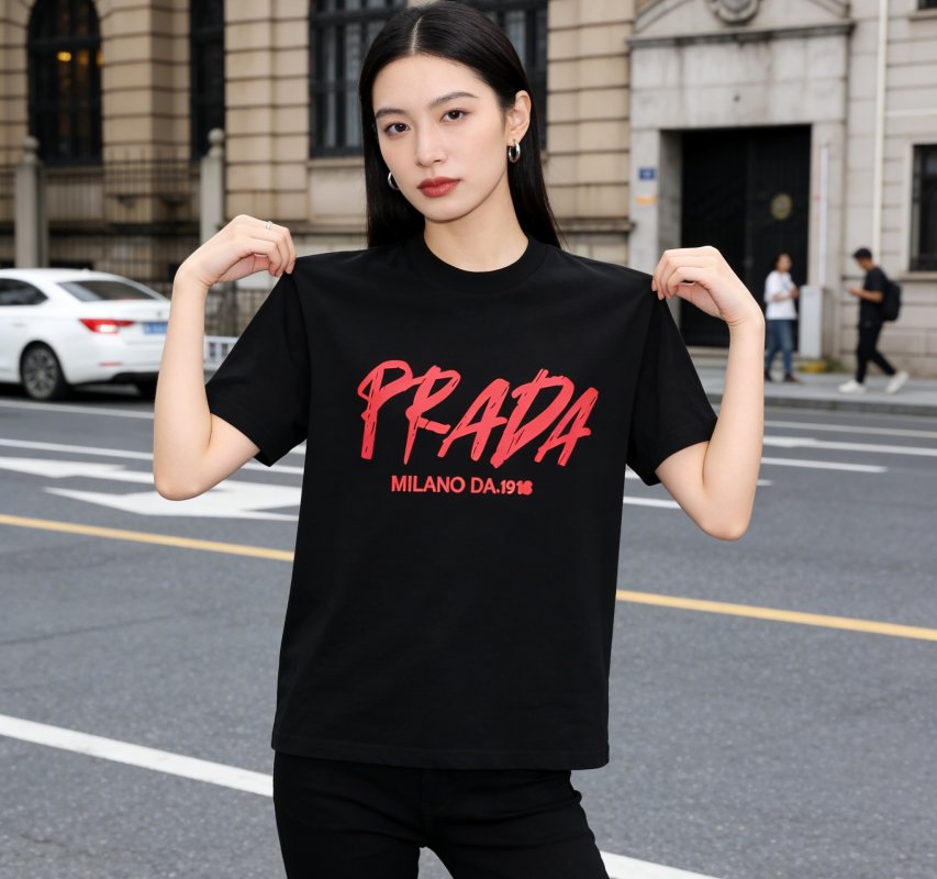 Prada Milano Black T-Shirt Red Logo view