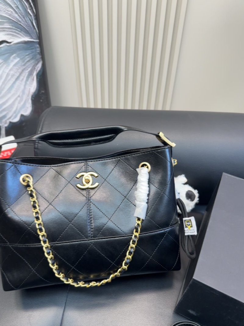 Chanel Black Quilted Leather Tote Bag with Gold Chain
