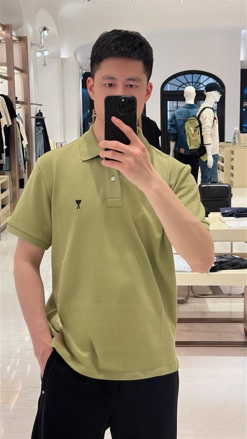 Ami Paris Heart Logo Polo Shirt – Sage Green