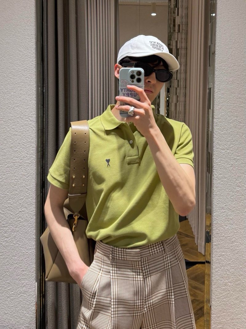 Ami Paris Heart Logo Polo Shirt – Sage Green view