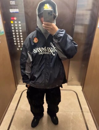 Black Oversized Windbreaker Jacket with Script Logo view 3
