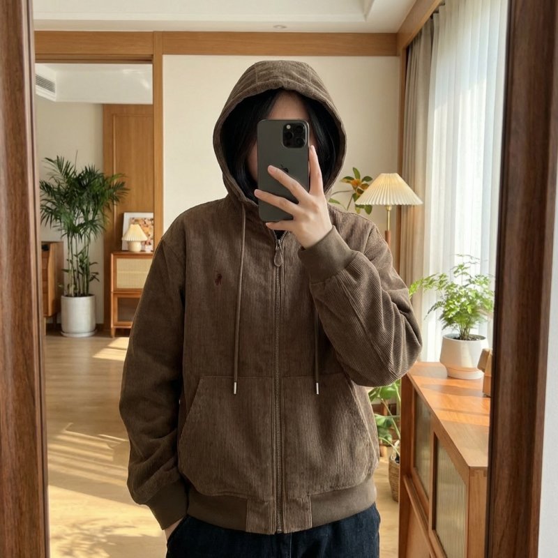 Brown Corduroy Zip Hoodie Jacket