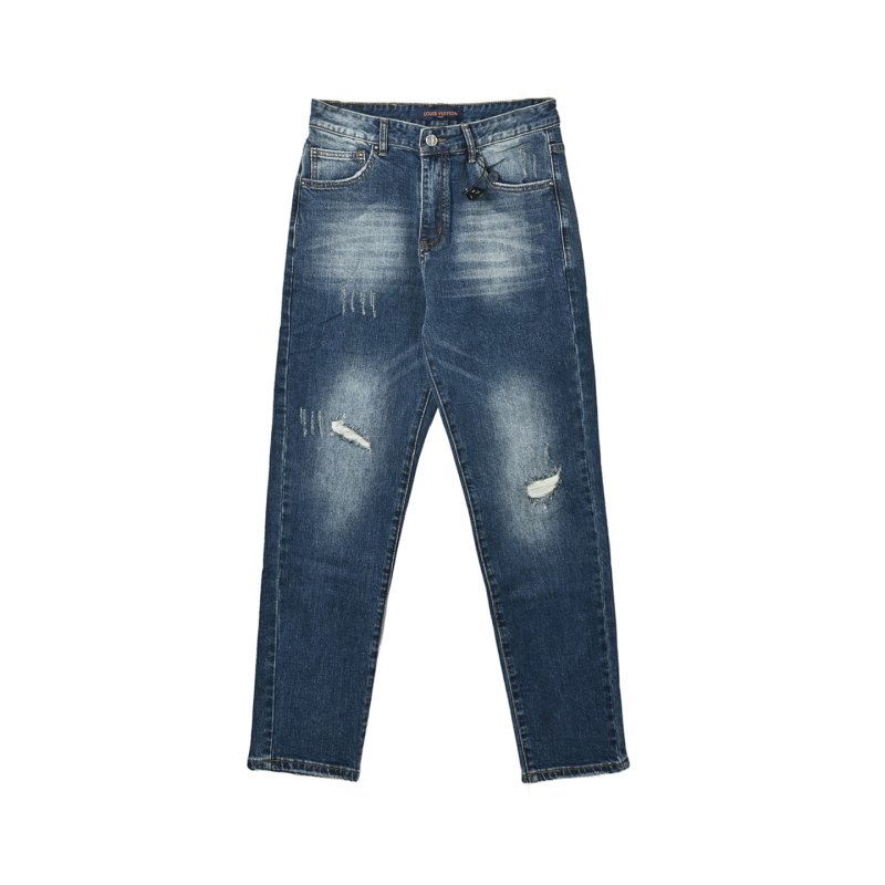 Distressed Blue Denim Jeans - Ripped Knee Fit view