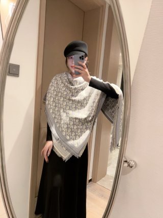 Dior CD Logo Jacquard Cashmere Wool Cape Scarf - Cream view 2