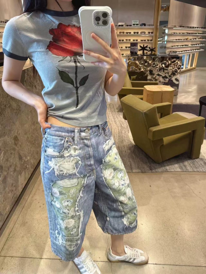 Distressed Denim Shorts with Camo Patchwork - Blue