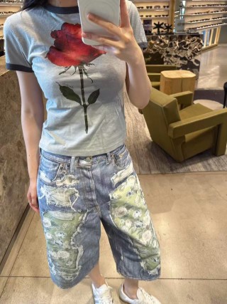 Distressed Denim Shorts with Camo Patchwork - Blue view 2