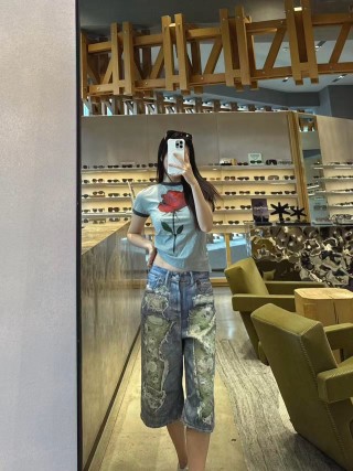 Distressed Denim Shorts with Camo Patchwork - Blue view 3