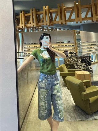 Distressed Denim Shorts with Camo Patchwork - Blue view 4