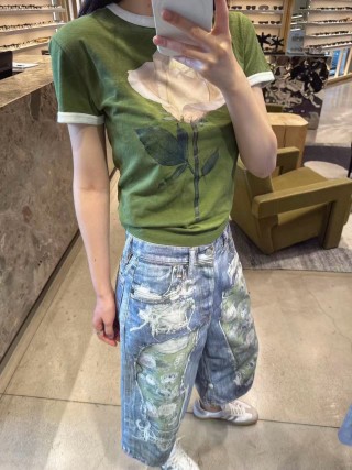 Distressed Denim Shorts with Camo Patchwork - Blue view 5