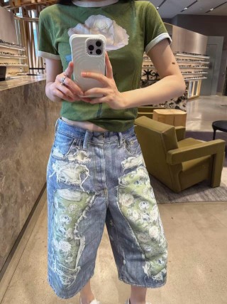 Distressed Denim Shorts with Camo Patchwork - Blue view 6
