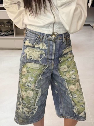 Distressed Denim Shorts with Camo Patchwork - Blue view 7