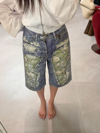 Distressed Denim Shorts with Camo Patchwork - Blue view 8