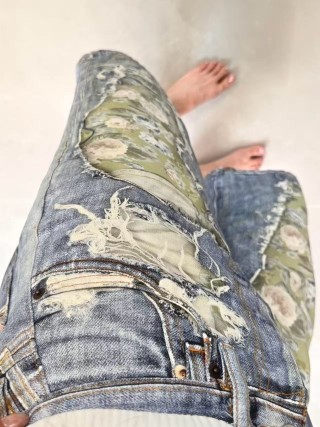 Distressed Denim Shorts with Camo Patchwork - Blue view 9