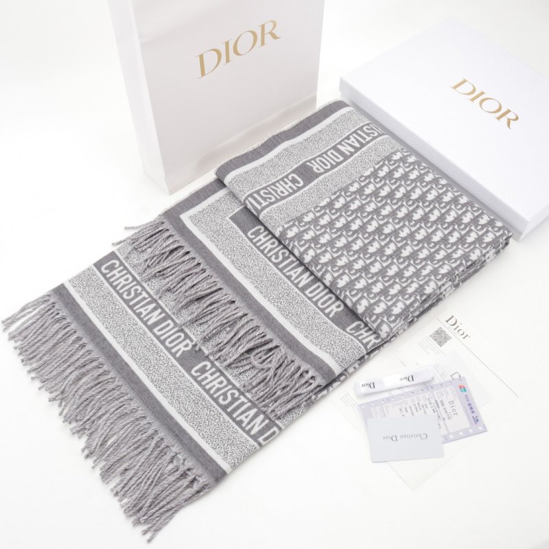 Dior CD Monogram Jacquard Wool Cashmere Scarf Grey