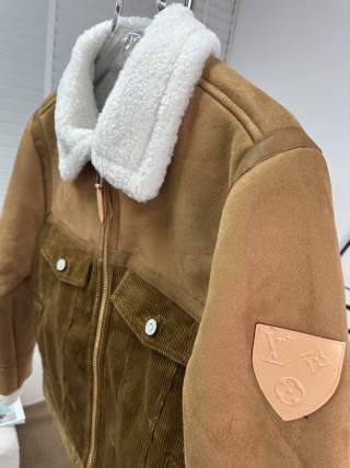 Louis Vuitton Brown Suede Corduroy Sherpa Collar Jacket view 3
