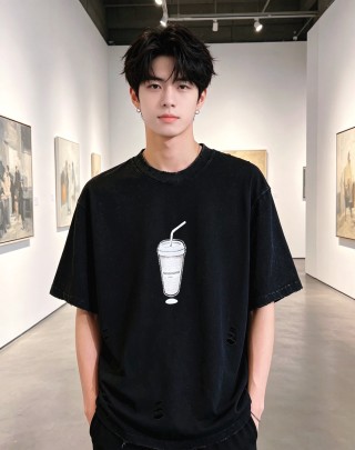 Black Distressed Beverage Cup Graphic T-Shirt view 6