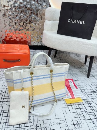 Chanel Striped Canvas Beach Tote Bag – Blue, Yellow & Cream view 7